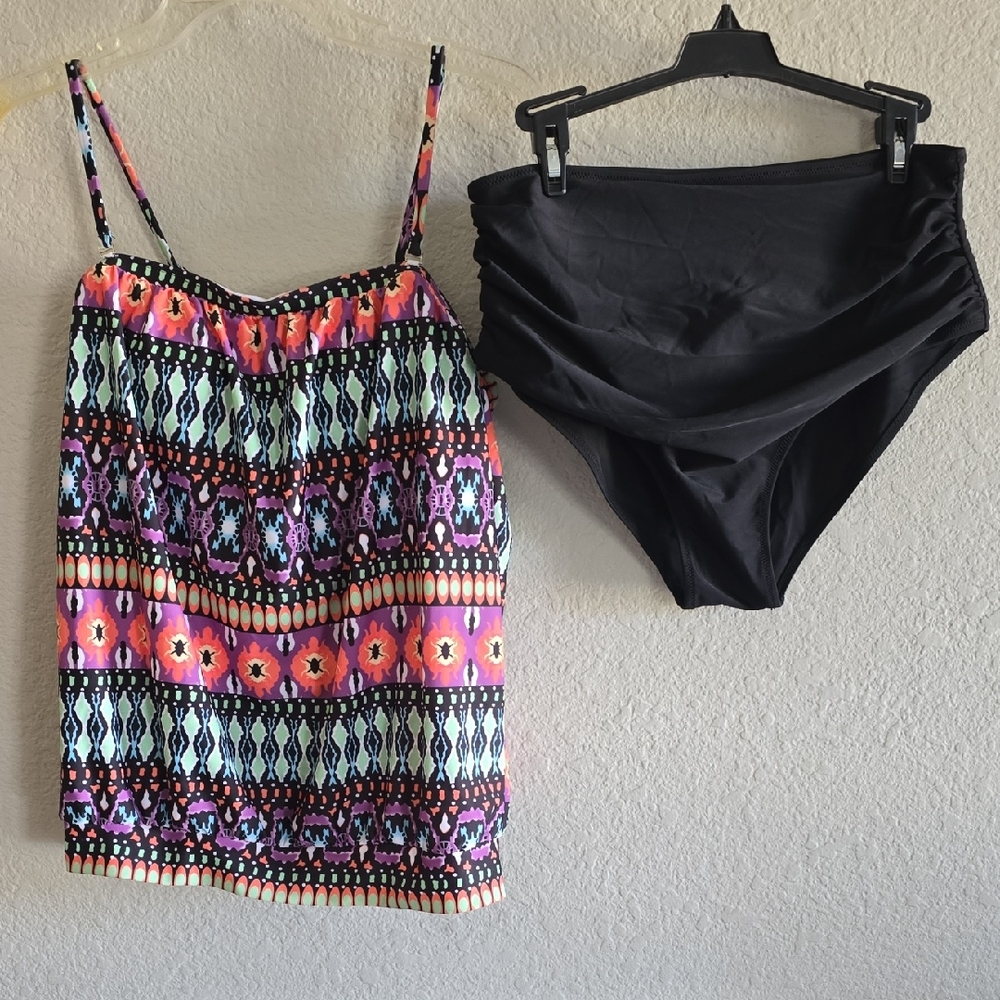 Colorful Tribal Print Tankini Top with Black High Waist Swim Bottoms